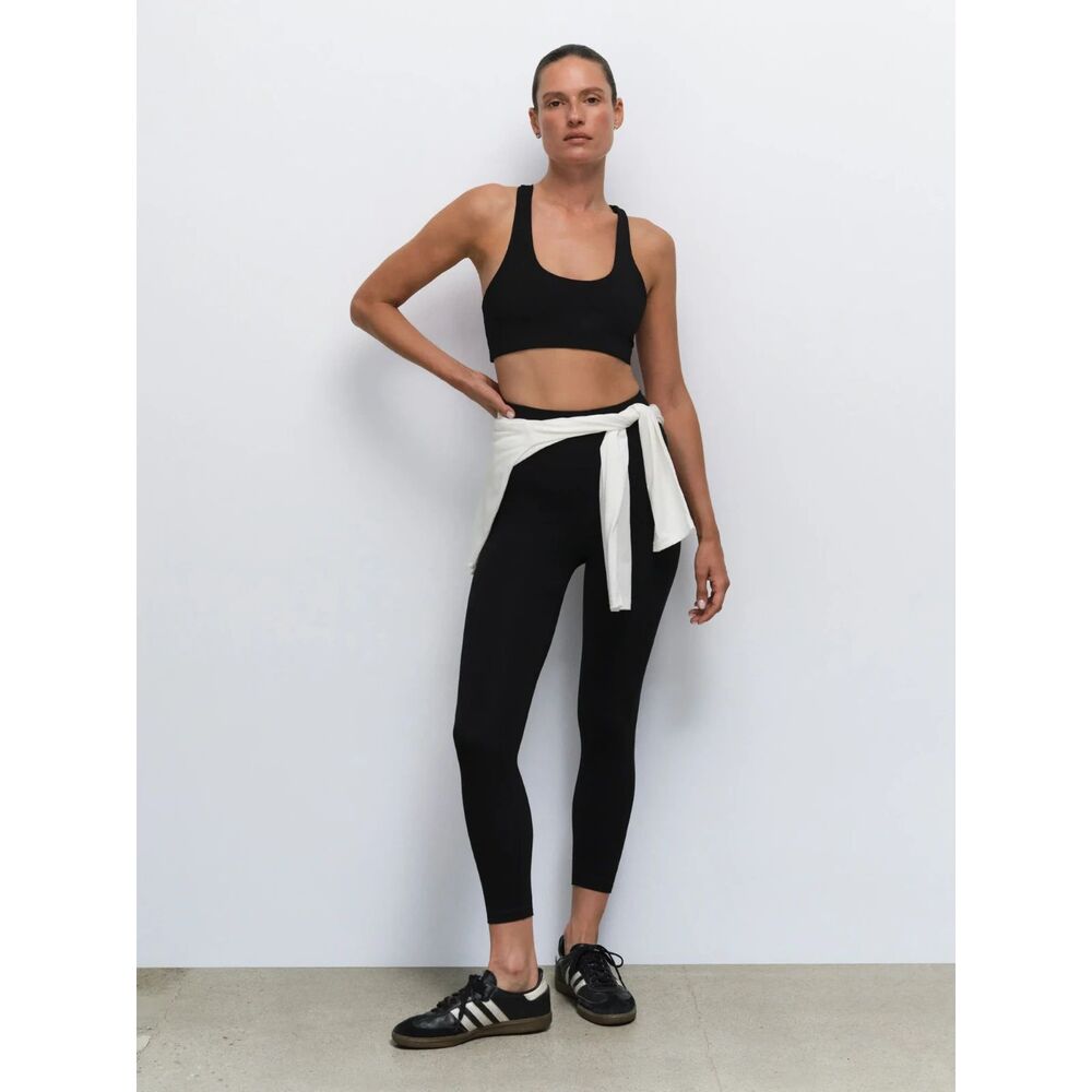 Organic Cotton Midi Leggings Jet Black Cropped Stretch High Rise Athleisure